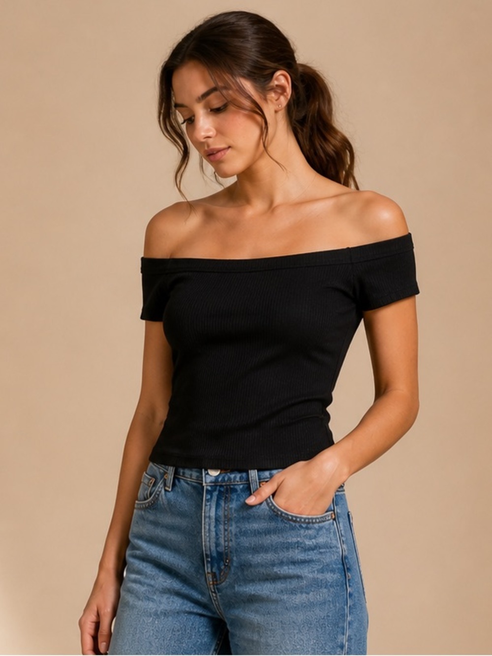 Old Navy Black Off Shoulder Top | Ribbed Stretch | Size M